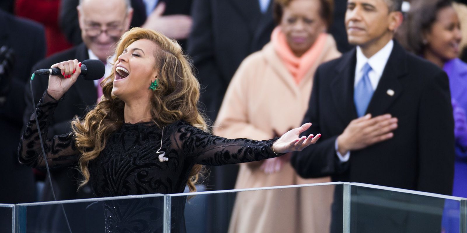 Beyonce sings the U.S. National Anthem as President Barack Obama listens during swearing-in ceremonies on the West front of the U.S. Capitol in Washington (Photo by Brooks Kraft LLC/Corbis via Getty Images)