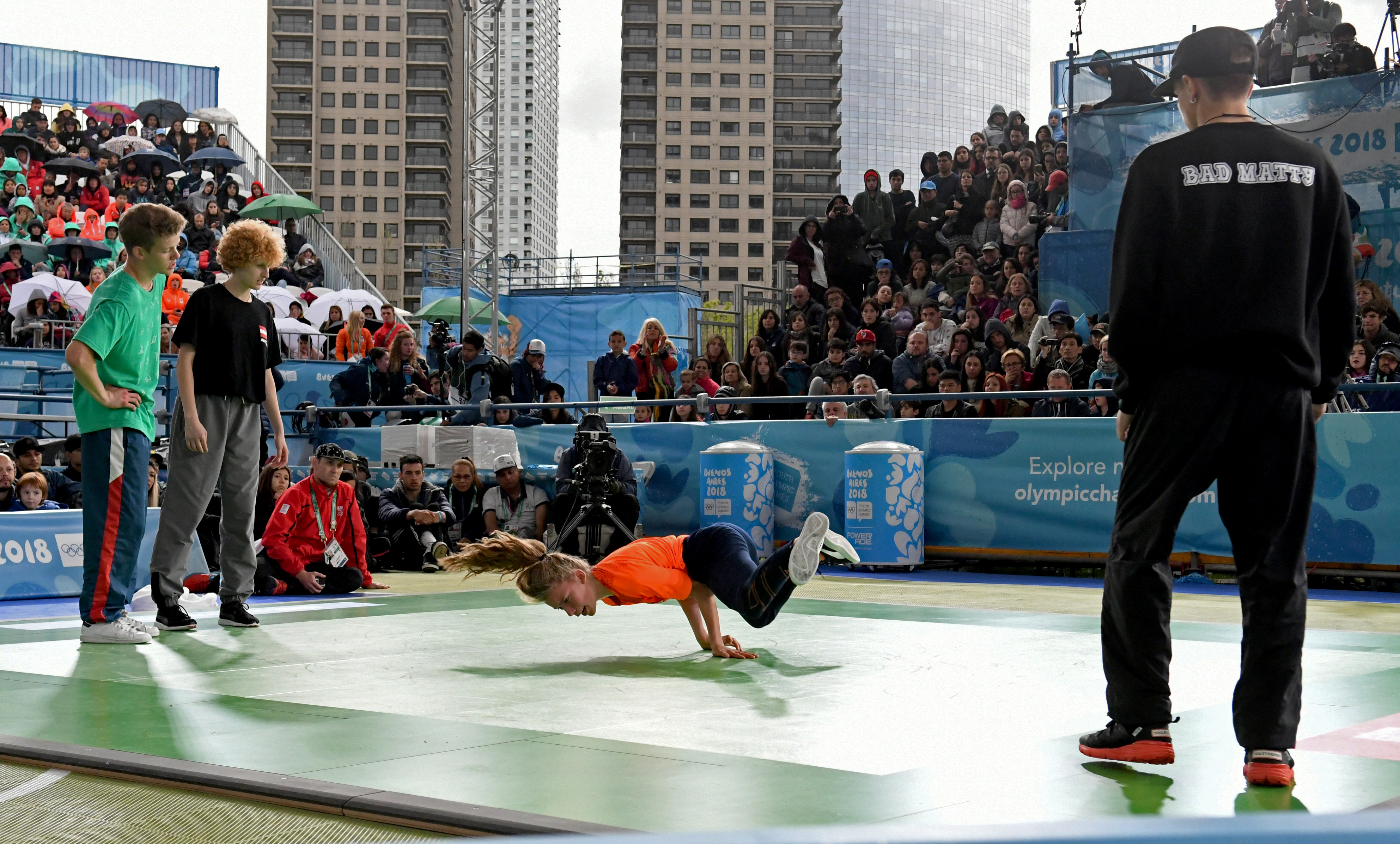 11 October 2018, Argentina, Buenos Aires: Breakdance semi-final at the Youth Olympic Games. Breakdance, the artistic dance style from the hip-hop scene, has arrived to the Olympics. Photo: Fabian Ramella/dpa (Photo by Fabian Ramella/picture alliance via Getty Images)